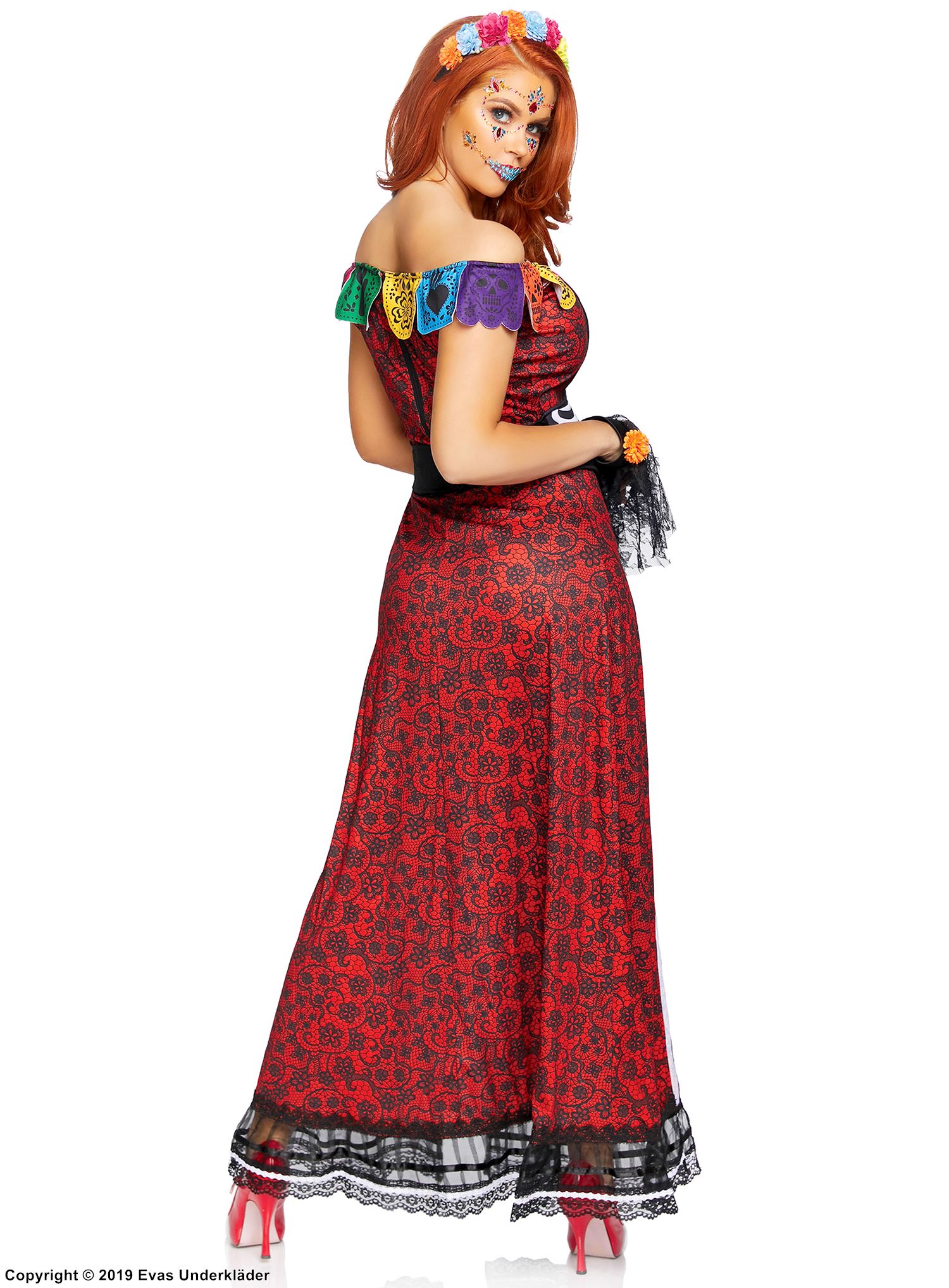Day of the Dead (woman), costume dress, high slit, off shoulder, flowers